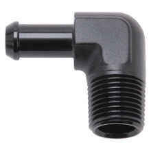Load image into Gallery viewer, Edelbrock Hose End 90-Deg 1/2In NPT to 3/8In Barb Black Anodize
