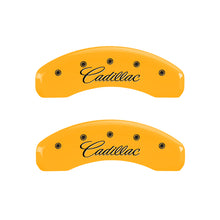 Load image into Gallery viewer, MGP 4 Caliper Covers Engraved F &amp; R Cursive/Cadillac Yellow Finish Black Char 2010 Cadillac SRX
