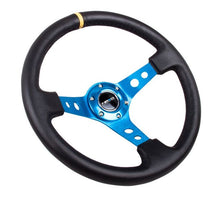 Load image into Gallery viewer, NRG Reinforced Steering Wheel (350mm / 3in. Deep) Blk Leather w/Blue Cutout Spoke &amp; Single Yellow CM
