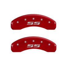 Load image into Gallery viewer, MGP 4 Caliper Covers Engraved Front &amp; Rear Silverado style/SS Red finish silver ch
