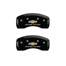 Load image into Gallery viewer, MGP 4 Caliper Covers Engraved F &amp; R Chevy Racing Black Finish Silver Char 2019 Chevrolet Bolt EV
