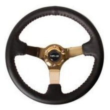 Load image into Gallery viewer, NRG Reinforced Steering Wheel (3in Deep / 4mm) 350mm Blk Leather w/Red BBall Stitch &amp; Gold Spoke
