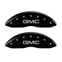 Load image into Gallery viewer, MGP 2 Caliper Covers Engraved Front GMC Black Finish Silver Characters 2008 GMC Canyon
