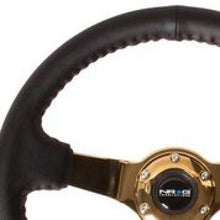 Load image into Gallery viewer, NRG Reinforced Steering Wheel (3in Deep / 4mm) 350mm Blk Leather w/Red BBall Stitch &amp; Gold Spoke
