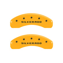 Load image into Gallery viewer, MGP 4 Caliper Covers Engraved Front &amp; Rear Silverado Yellow finish black ch
