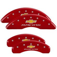 Load image into Gallery viewer, MGP 4 Caliper Covers Engraved Front &amp; Rear Chevy Racing Red Finish Silver Char 2016 Chevrolet Camaro
