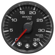 Load image into Gallery viewer, Autometer Spek-Pro Gauge Boost 2 1/16in 35psi Stepper Motor W/Peak &amp; Warn Black/Black
