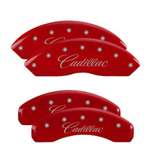Load image into Gallery viewer, MGP 4 Caliper Covers Engraved Front &amp; Rear Cursive/Cadillac Red finish silver ch

