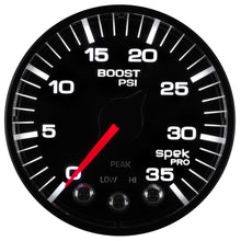 Load image into Gallery viewer, Autometer Spek-Pro Gauge Boost 2 1/16in 35psi Stepper Motor W/Peak &amp; Warn Black/Black
