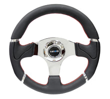 Load image into Gallery viewer, NRG Reinforced Steering Wheel (320mm) Blk Leather/Red Stitching w/Chrome 3-Spoke Center
