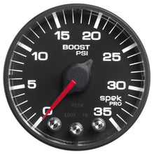 Load image into Gallery viewer, Autometer Spek-Pro Gauge Boost 2 1/16in 35psi Stepper Motor W/Peak &amp; Warn Black/Black
