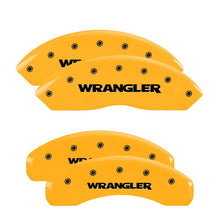 Load image into Gallery viewer, MGP 4 Caliper Covers Engraved Front &amp; Rear Wrangler Yellow Finish Black Char 2018 Jeep Wrangler
