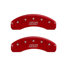 Load image into Gallery viewer, MGP 4 Caliper Covers Engraved Front &amp; Rear Trailblazer style/SS Red finish silver ch
