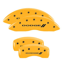 Load image into Gallery viewer, MGP 4 Caliper Covers Engraved Front &amp; Rear With stripes/Dodge Yellow finish black ch
