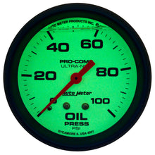 Load image into Gallery viewer, Autometer Ultra-Nite 2-5/8in 0-100 PSI Liquid Filled Mechanical Glow In Dark Oil Pressure Gauge

