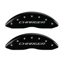 Load image into Gallery viewer, MGP 4 Caliper Covers Engraved Front Charger Engraved Rear RT Black finish silver ch
