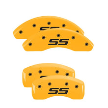 Load image into Gallery viewer, MGP 4 Caliper Covers Engraved Front &amp; Rear Monte Carlo SS Yellow Finish Black Char 2008 Chevy Impala
