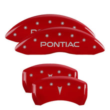 Load image into Gallery viewer, MGP 4 Caliper Covers Engraved Front Pontiac Engraved Rear Arrow Red finish silver ch
