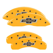 Load image into Gallery viewer, MGP 4 Caliper Covers Engraved F &amp; R 100th Anniv Yellow Finish Black Char 2019 Chevy Silverado 1500
