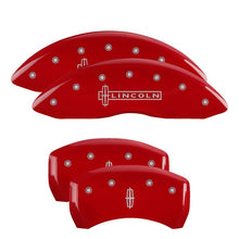 Load image into Gallery viewer, MGP 4 Caliper Covers Engraved Front Lincoln Engraved Rear Star logo Red finish silver ch
