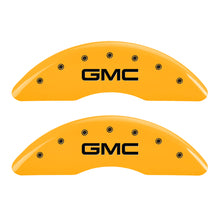 Load image into Gallery viewer, MGP 4 Caliper Covers Engraved Front &amp; Rear GMC Yellow finish black ch
