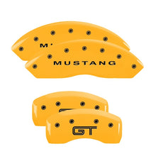 Load image into Gallery viewer, MGP 4 Caliper Covers Engraved Front Mustang Rear S197/GT Yellow Finish Black Char 2003 Ford Mustang
