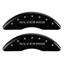 Load image into Gallery viewer, MGP 4 Caliper Covers Engraved Front &amp; Rear Silverado Black finish silver ch
