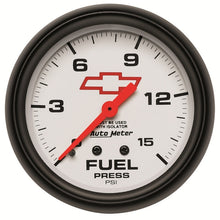 Load image into Gallery viewer, AutoMeter Gauge Fuel Press 2-5/8in. 15PSI Mech W/Isolator Chevy Red Bowtie White
