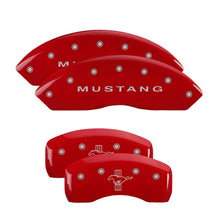 Load image into Gallery viewer, MGP 4 Caliper Covers Engraved Front Mustang Engraved Rear Bar &amp; Pony Red finish silver ch
