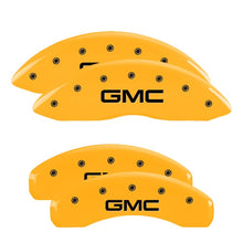 Load image into Gallery viewer, MGP 4 Caliper Covers Engraved Front &amp; Rear GMC Yellow finish black ch
