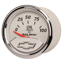 Load image into Gallery viewer, Autometer Chevy Vintage Bowtie 2-1/16in 0-100PSI Electronic Oil Pressure Gauge
