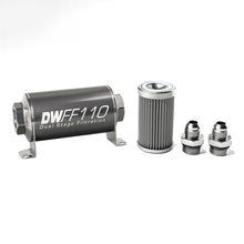 Load image into Gallery viewer, DeatschWerks Stainless Steel 8AN 100 Micron Universal Inline Fuel Filter Housing Kit (110mm)

