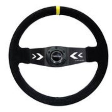 Load image into Gallery viewer, NRG Reinforced Steering Wheel (350mm / 3in. Deep) Blk Suede w/NRG Arrow Cut 2-Spoke &amp; Yellow Mark
