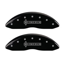 Load image into Gallery viewer, MGP 4 Caliper Covers Engraved Front Lincoln Engraved Rear Star logo Black finish silver ch
