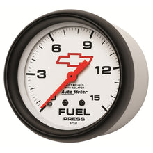 Load image into Gallery viewer, AutoMeter Gauge Fuel Press 2-5/8in. 15PSI Mech W/Isolator Chevy Red Bowtie White

