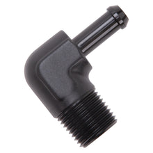 Load image into Gallery viewer, Edelbrock Hose End 90-Deg 1/2In NPT to 3/8In Barb Black Anodize
