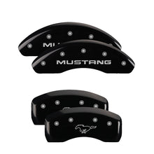 Load image into Gallery viewer, MGP 4 Caliper Covers Engraved Front Mustang Engraved Rear Pony Black finish silver ch

