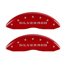 Load image into Gallery viewer, MGP Front set 2 Caliper Covers Engraved Front Silverado Red finish silver ch
