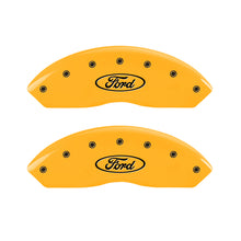 Load image into Gallery viewer, MGP 4 Caliper Covers Engraved Front &amp; Rear Oval Logo/Ford Yellow Finish Black Char 2000 Ford F-150
