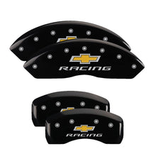 Load image into Gallery viewer, MGP 4 Caliper Covers Engraved Front &amp; Rear Chevy racing Black finish silver ch
