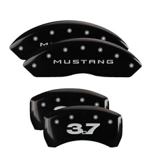 Load image into Gallery viewer, MGP 4 Caliper Covers Engraved Front Mustang Engraved Rear 37 Black finish silver ch
