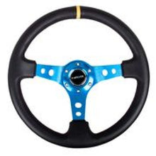 Load image into Gallery viewer, NRG Reinforced Steering Wheel (350mm / 3in. Deep) Blk Leather w/Blue Cutout Spoke &amp; Single Yellow CM
