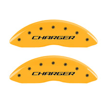Load image into Gallery viewer, MGP 4 Caliper Covers Engraved Front Charger Engraved Rear RT Yellow finish black ch
