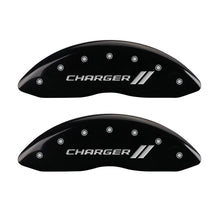 Load image into Gallery viewer, MGP 4 Caliper Covers Engraved Front &amp; Rear With stripes/Charger Black finish silver ch
