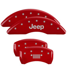 Load image into Gallery viewer, MGP 4 Caliper Covers Engraved Front JEEP Engraved Rear JEEP Grill logo Red finish silver ch
