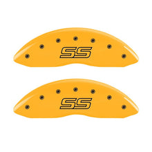 Load image into Gallery viewer, MGP 4 Caliper Covers Engraved Front &amp; Rear Trailblazer SS Yellow Finish Black Char 2004 Chevy SSR
