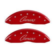 Load image into Gallery viewer, MGP 4 Caliper Covers Engraved Front &amp; Rear Cursive/Camaro Red finish silver ch
