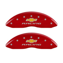 Load image into Gallery viewer, MGP 4 Caliper Covers Engraved Front &amp; Rear Chevy Racing Red Finish Silver Char 2016 Chevrolet SS
