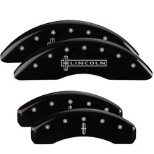 Load image into Gallery viewer, MGP 4 Caliper Covers Engraved Front Cursive/Cadillac Engraved Rear CTS Black finish silver ch
