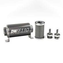 Load image into Gallery viewer, DeatschWerks Stainless Steel 5/16in 100 Micron Universal Inline Fuel Filter Housing Kit (110mm)
